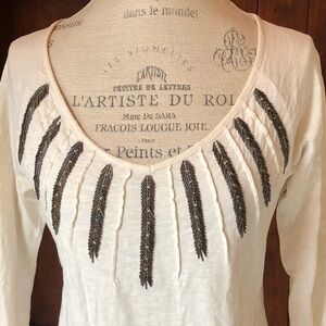 Coldwater Creek Cream Fitted Blouse with Embellished Neckline